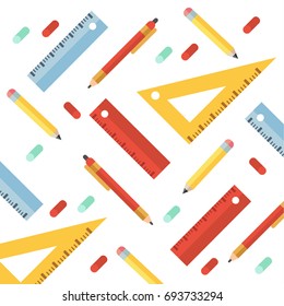 Back to school. Colorful background with school supplies. Vector flat illustration.