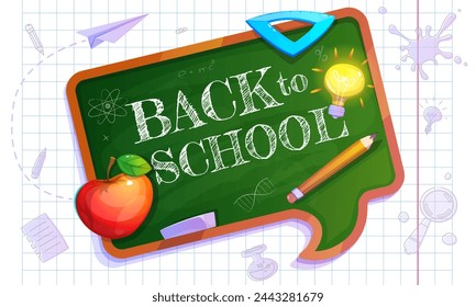 Back to school. Colorful banner with chalkboard, pencil, apple and glowing light bulb on checkered background. Education, learning, studying and knowledge. Realistic cartoon vector illustration