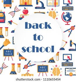 Back to school colorful banner with computer schoolbag diploma symbols. Rhombus education concept frame for media print web site app. Flat style design vector illustration