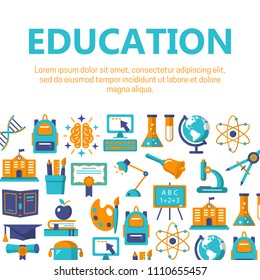 Back to school colorful banner with computer schoolbag diploma symbols. Rhombus education concept frame for media print web site app. Flat style design vector illustration