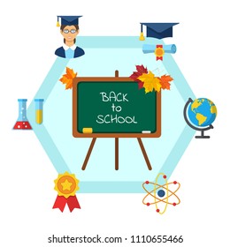 Back to school colorful banner with computer schoolbag diploma symbols. Rhombus education concept frame for media print web site app. Flat style design vector illustration