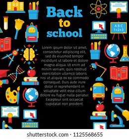 Back to school colorful banner with computer schoolbag diploma symbols. Rhombus education concept frame for media print web site app. Flat style design vector illustration