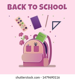 Back to school  colorful banner design.Different school education objects in flat style flyer. Vector illustration