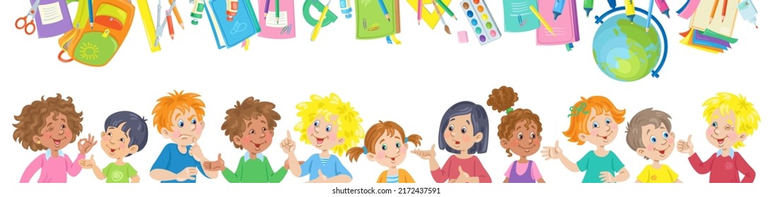 Back to school. Colorful banner with happy talking kids and school supplies. In cartoon style. Isolated on white background. Vector illustration