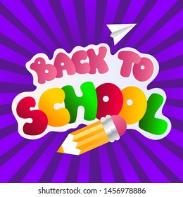 Back to school colorful banner. Multicolored paper letters. Vector cartoon illustration. Rays on the background.