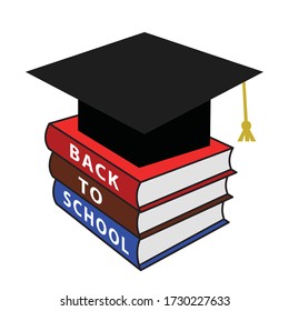back to school, colorful books stack, graduate cap, vector illustration