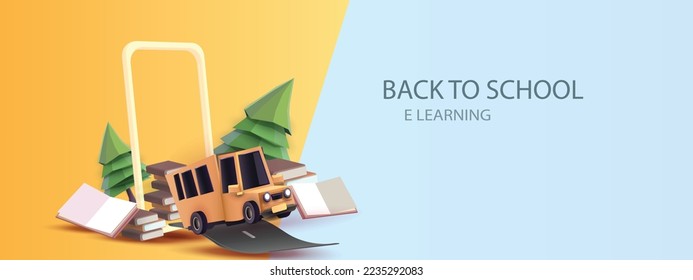 back to school colorful with school bus yellow and book elearning vector illustation 