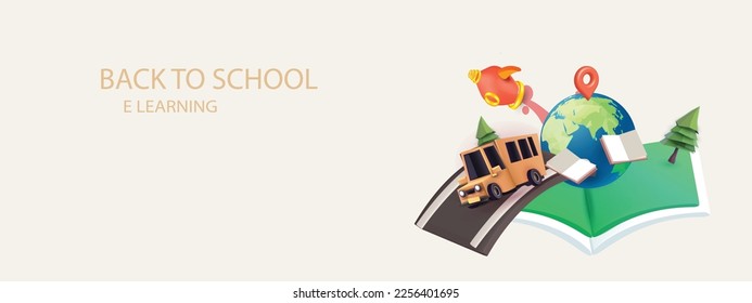 back to school colorful with school bus yellow and book elearning vector illustation 
