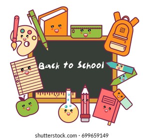 Back to School colorful cartoon poster with blackboard and school supplies. Kawaii vector illustration