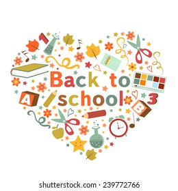 Back to school colorful composition in a shape of a heart. vector illustration