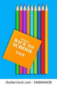 Back to school colorful crayons Vector realistic. Blue background. 3d detailed illustration