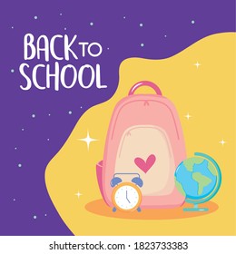 back to school colorful design with school backpack, alarm clock and geography tool over purple and yellow background vector illustration
