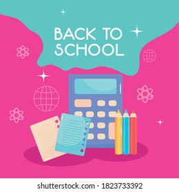 back to school colorful design with calculator, notebook pages and colored pencils over pink and blue background, vector illustration