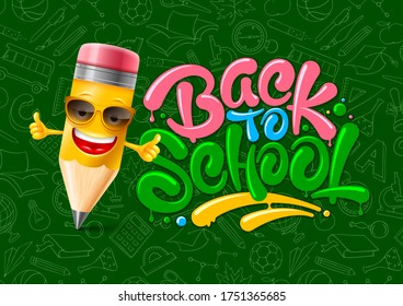 Back to school colorful design. Cheerful cartoon pencil show thumbs up. Unusual calligraphy lettering. Pattern with subjects related to education on green chalkboard background. Vector illustration.