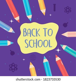 volver a la escuela diseño colorido con lápices de colores sobre fondo morado, ilustración vectorial