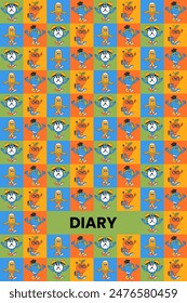 Back school colorful diary cover with retro groovy characters in a squares. Back to school and education concept. Contemporary cute vector illustration