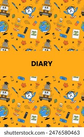 Back school colorful diary cover with retro groovy characters. Back to school and education concept. Contemporary funky vector illustration