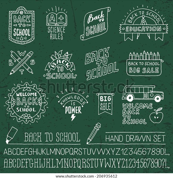 Back to\
school colorful doodle lettering signs set and two alphabets on\
blackboard. Hand drawn vector\
illustration.