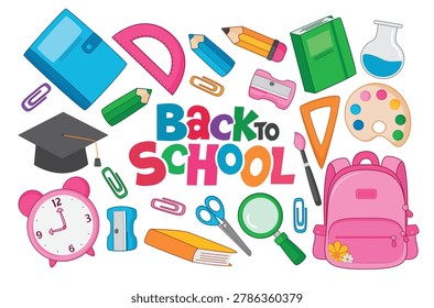 Back to School Colorful elements clipart set design. Bright and colorful back to school clip art collection with various school supplies like backpack, books, pencils, ruler, scissors, magnifying glass, graduation cap, and alarm clock and playful typography for education banners vector illustration.