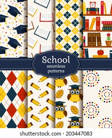 Back to school. Colorful school and graduation seamless patterns. Vector collection.