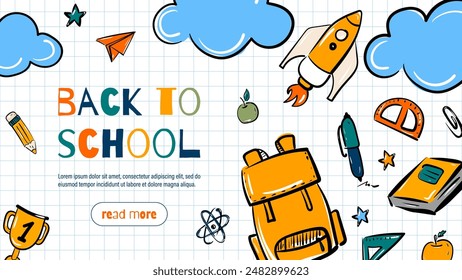 De vuelta a la escuela, ilustración dibujada a mano colorida, fondo.