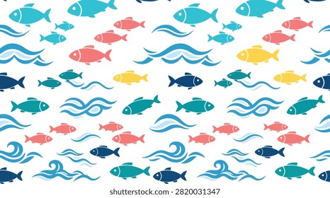 Back to School Colorful hand drawn fish and water waves seamless pattern with seamless