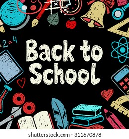 Back to school colorful hand drawn sketch icons isolated on blackboard background