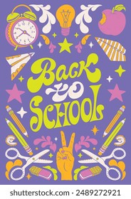 Back to school - colorful hand written lettering with school supplies decorative elements: alarm clock, light bulb, paper airplanes, pencils, scissors. Vector linocut style textured illustration for