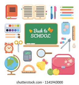 Back to school colorful icons and vector design elements. Education stationery supplies and tools isolated on white background. Flat style vector illustration.