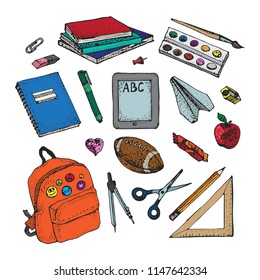 Back to school colorful icons and vector design elements. Education stationery supplies and tools isolated on white background.