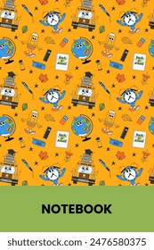 Back school colorful notebook cover with retro groovy characters. Back to school and education concept. Contemporary funny vector illustration