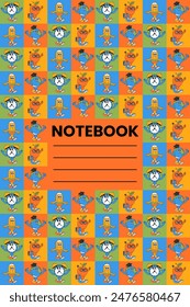Back school colorful notebook cover with retro groovy characters in a squares. Back to school and education concept. Contemporary cute vector illustration
