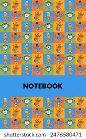 Back school colorful notebook cover with retro groovy characters in a squares. Back to school and education concept. Contemporary cute vector illustration