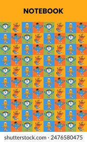 Back school colorful notebook cover with retro groovy characters in a squares. Back to school and education concept. Contemporary cute vector illustration