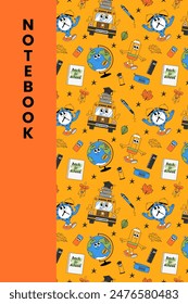Back school colorful notebook cover with retro groovy characters. Back to school and education concept. Contemporary funny vector illustration