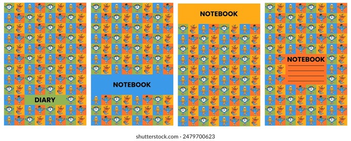 Back school colorful notebook and diary cover with retro groovy characters in a squares. Back to school, education concept. Contemporary funky vector illustration