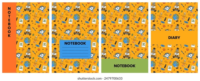 Back school colorful notebook and diary cover with retro groovy characters. Back to school and education concept. Contemporary funny vector illustration set