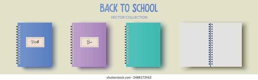 Zurück zur Schule bunte Notizbücher Kollektion. In: 3D School Notebooks. Realistische Vektorillustrationen auf beigefarbenem Hintergrund.