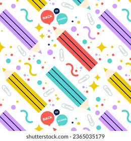 Back to school. Colorful pencils and other supplies seamless pattern. Vector illustration, flat design