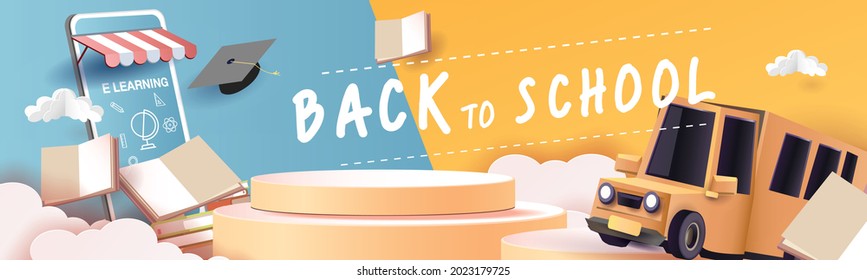 back to school colorful podium with school bus yellow and book elearning vector illustation 