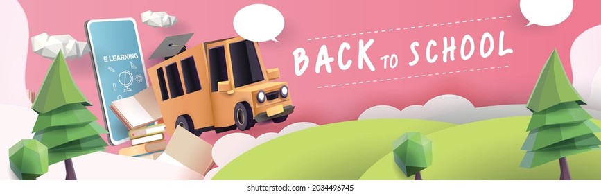 back to school colorful podium with school bus yellow and book elearning vector illustation 