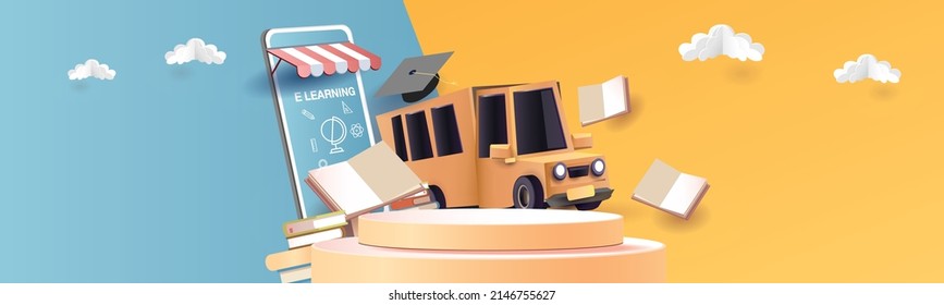 back to school colorful podium with school bus yellow and book elearning vector illustation 