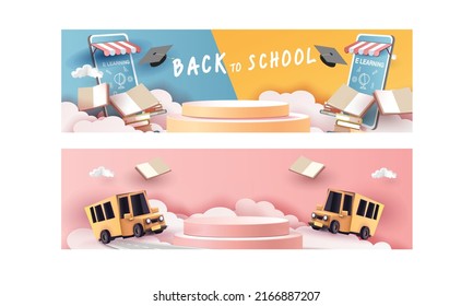 back to school colorful podium with school bus yellow and book elearning vector illustation 