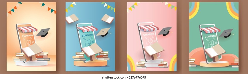 back to school colorful podium with school bus yellow and book elearning vector illustation