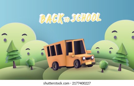 back to school colorful podium with school bus yellow and book elearning vector illustation 