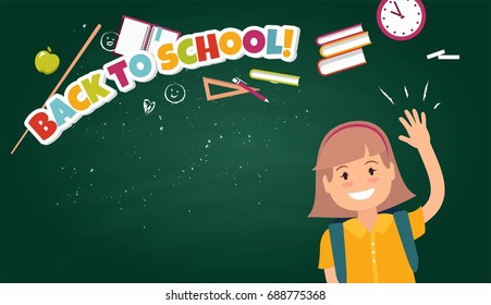Back To School Colorful poster With Flat Icon Set and Pupil on Chalkboard Textured Background. Vector illustration