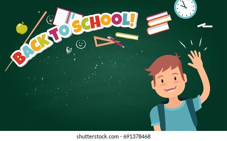 Back To School Colorful poster With Flat Icon Set and Pupil on Chalkboard Textured Background. Vector illustration