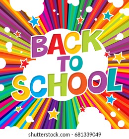 Back to school. Colorful poster with rays and stars. Comic alphabet. 