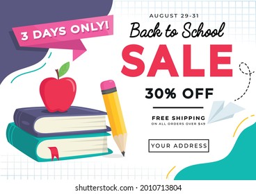 Back to school colorful sale banner with cartoon books, apple, pencil. Modern Education concept for promotion, poster, card or school party. School background. Vector flat style illustration.