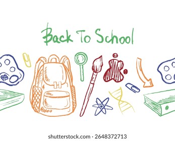 Back to school colorful seamless border with backpack, school equipment in black brush stroke texture isolated on white. Hand drawn vector sketch illustration in vintage charcoal ink. Cover design